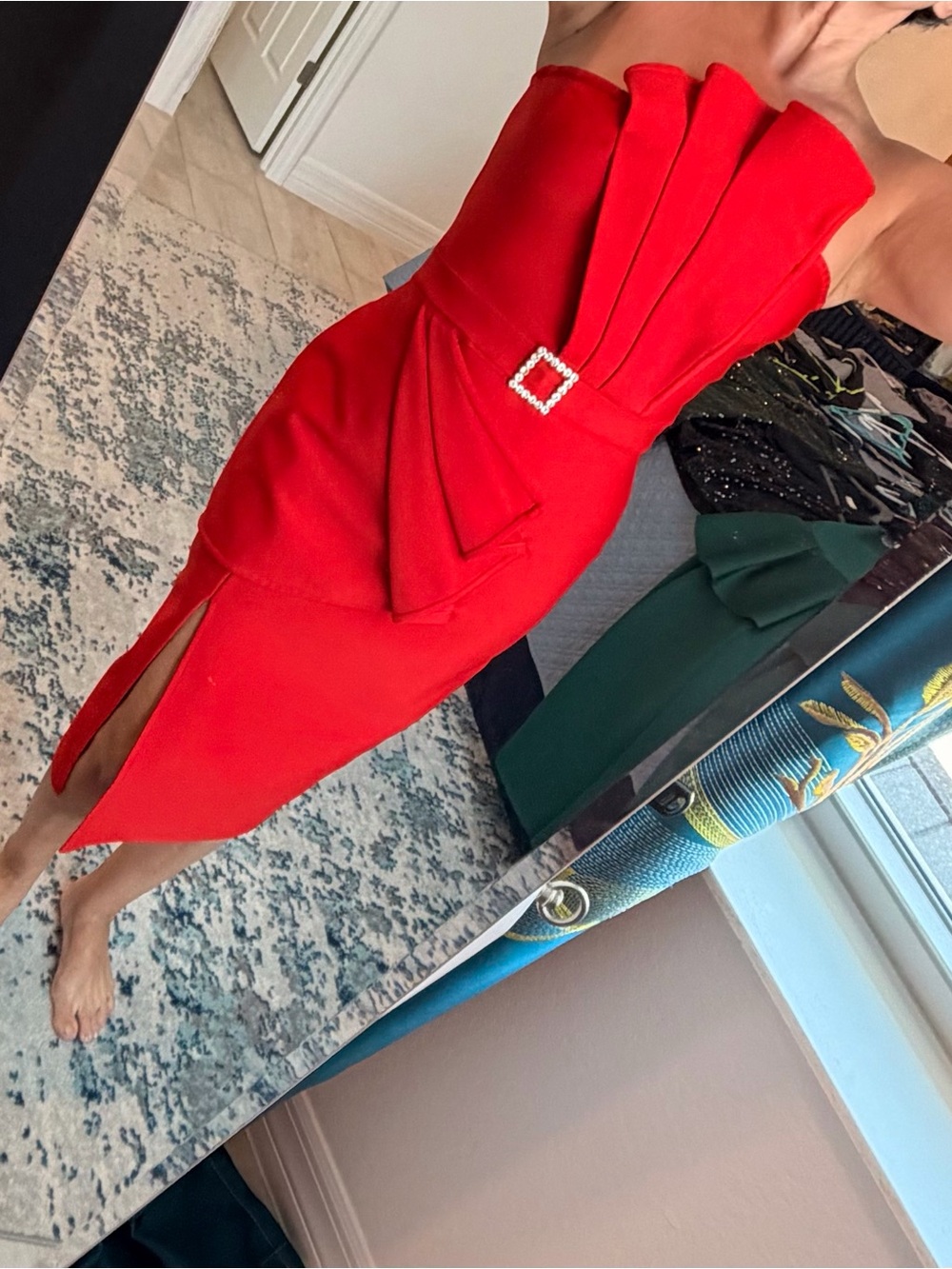 Strapless Red Midi Dress with Decorative Buckle